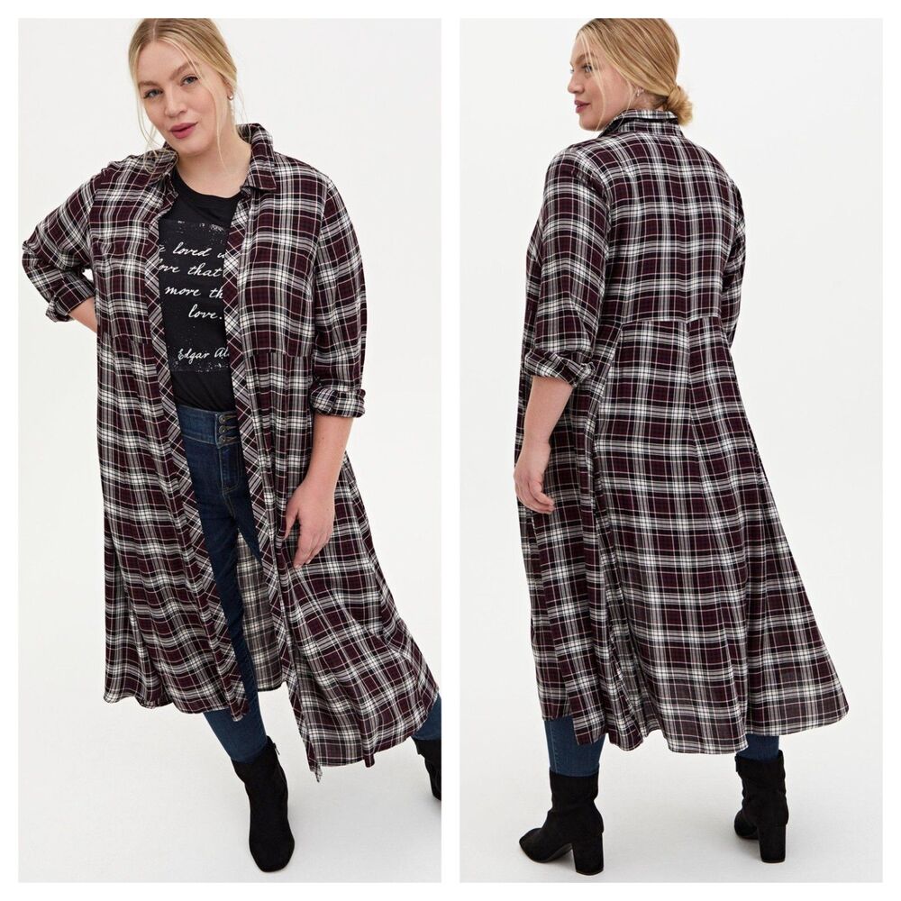 Torrid Black Plaid Brushed Challis Duster Shirt Kimono